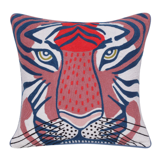 20" X 20" Blue and Red Cheetah Animal Print Cotton Zippered Pillow With Embroidery