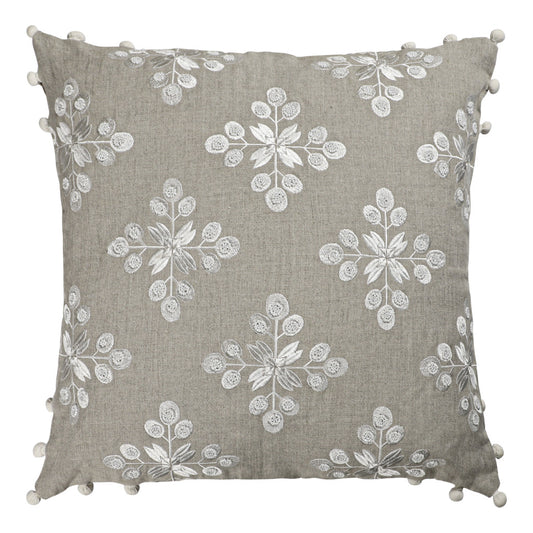 20" X 20" Beige and Ivory Floral Linen Zippered Pillow With Embroidery, Pom Poms