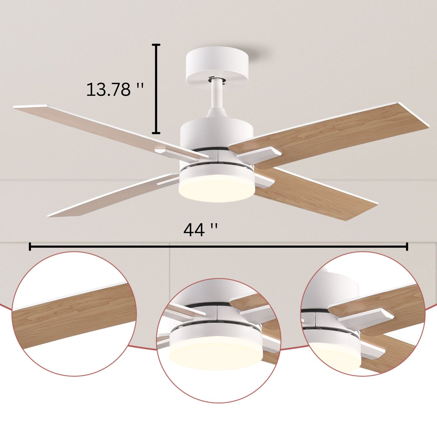 44" White and Natural Propeller Four Blade Dimmable Remote Control Integrated Light Ceiling Fan