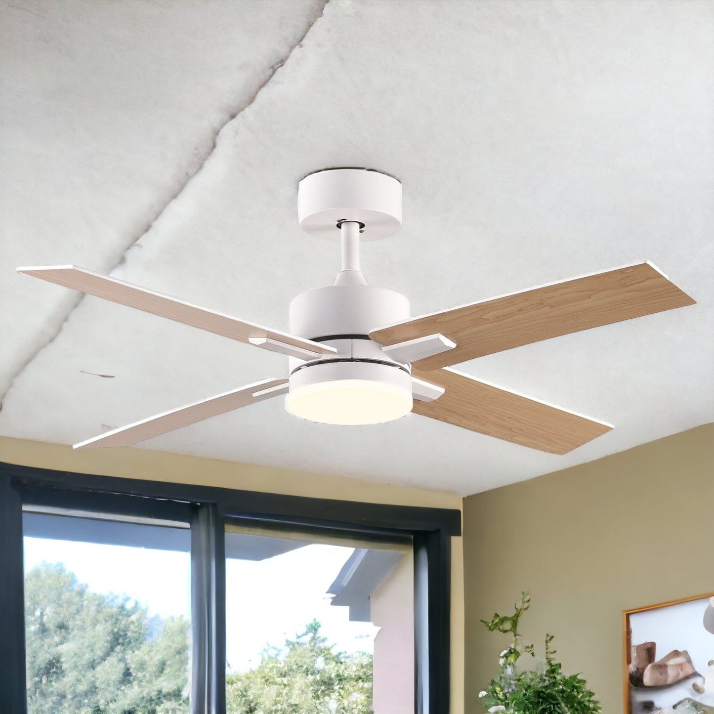 44" White and Natural Propeller Four Blade Dimmable Remote Control Integrated Light Ceiling Fan