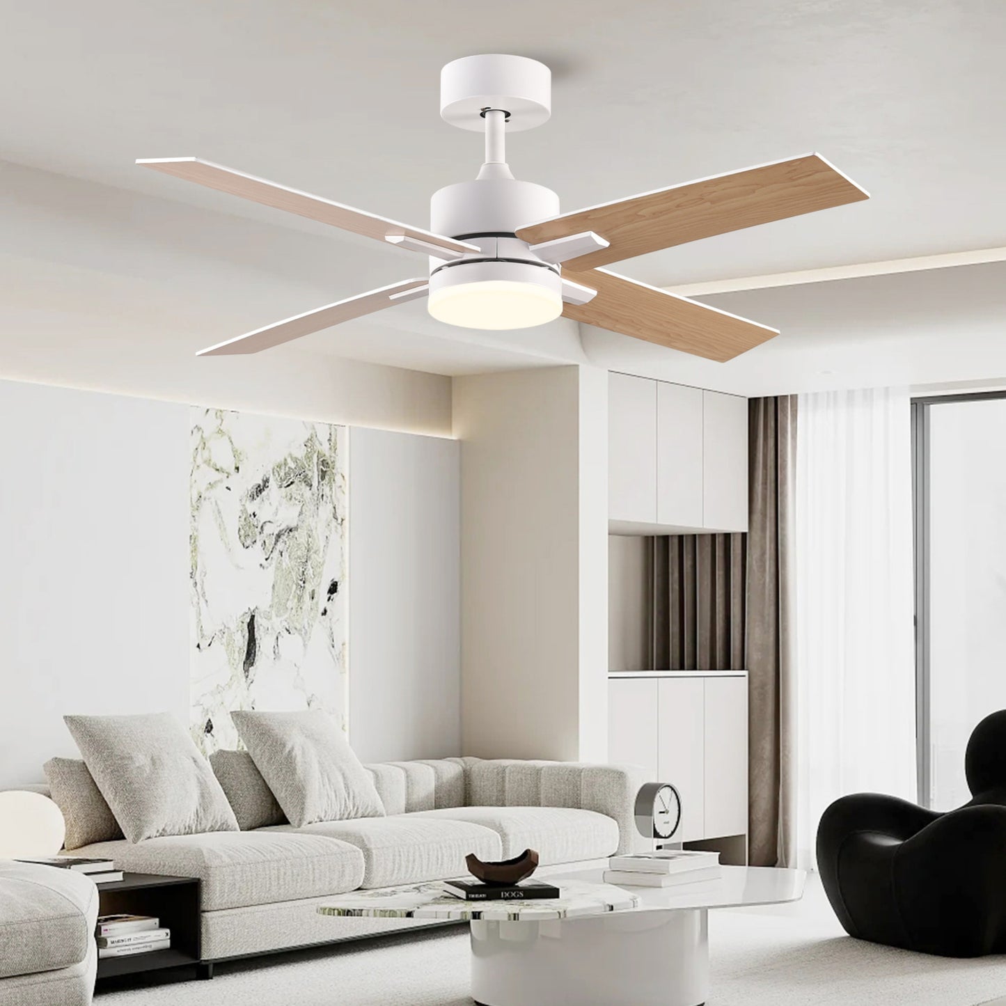 44" White and Natural Propeller Four Blade Dimmable Remote Control Integrated Light Ceiling Fan