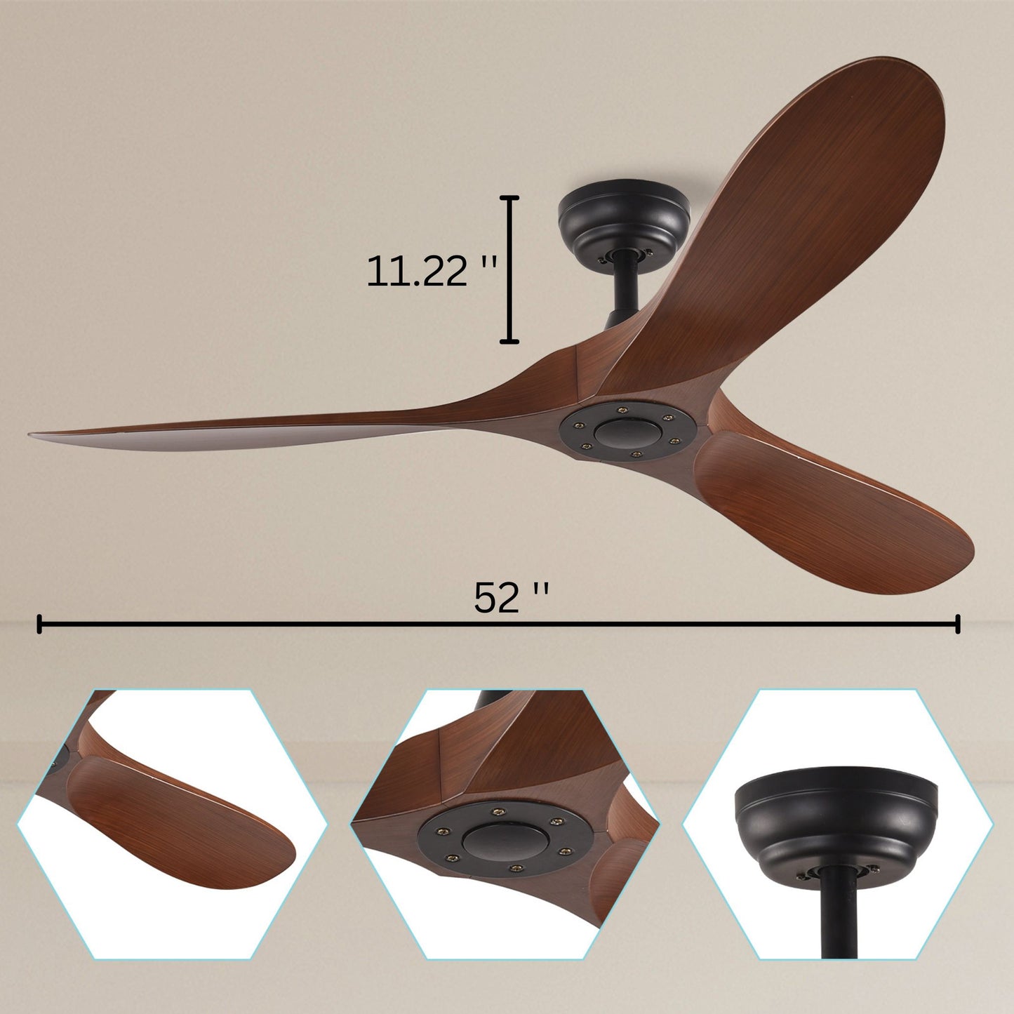 52" Black And Brown Propeller Three Blade Remote Control Integrated Light Ceiling Fan