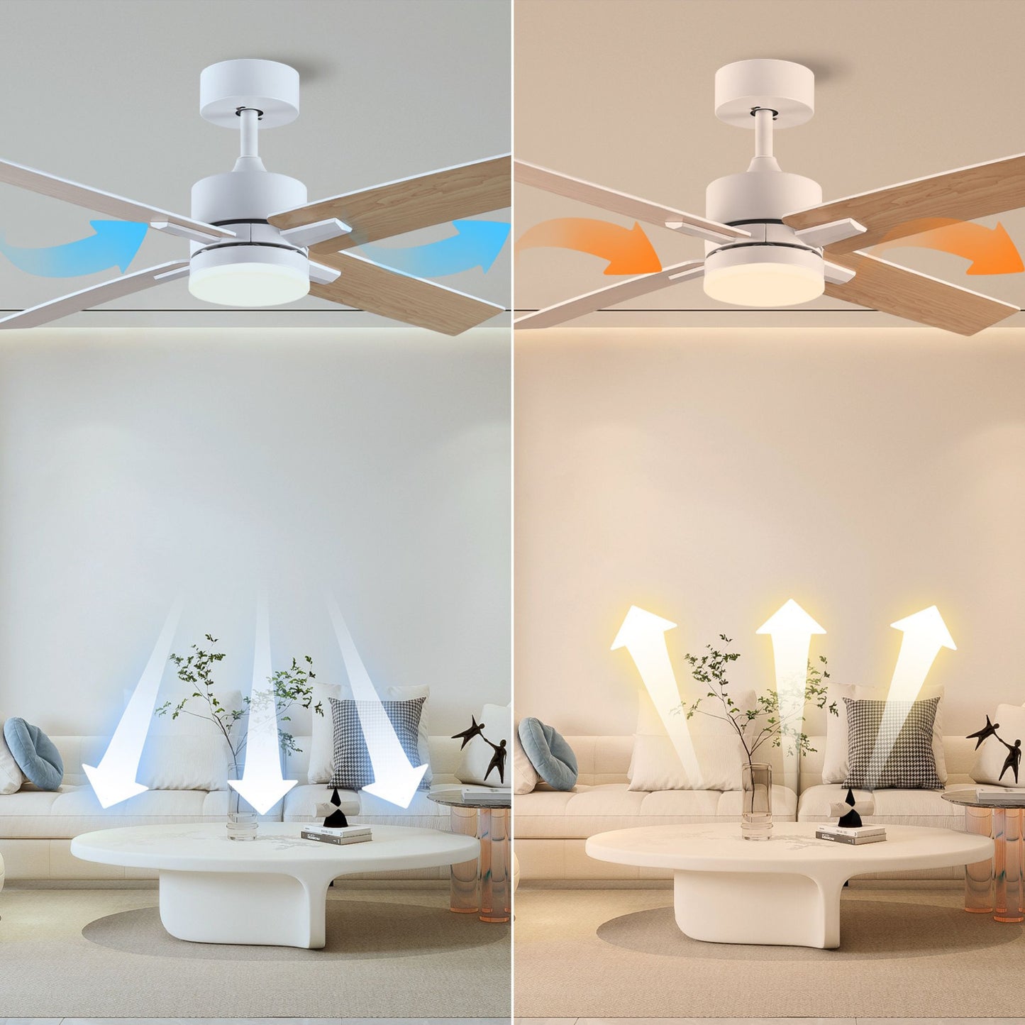44" White And Brown and White Propeller Four Blade Dimmable Remote Control Integrated Light Ceiling Fan