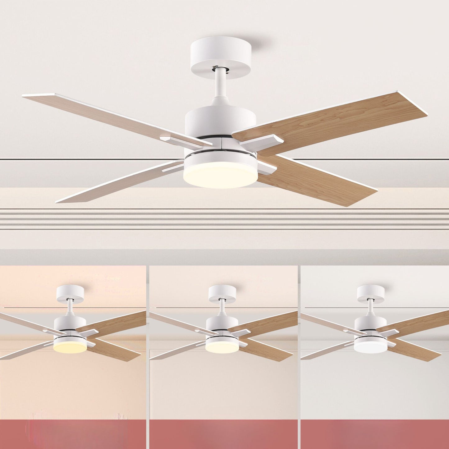 44" White And Brown and White Propeller Four Blade Dimmable Remote Control Integrated Light Ceiling Fan