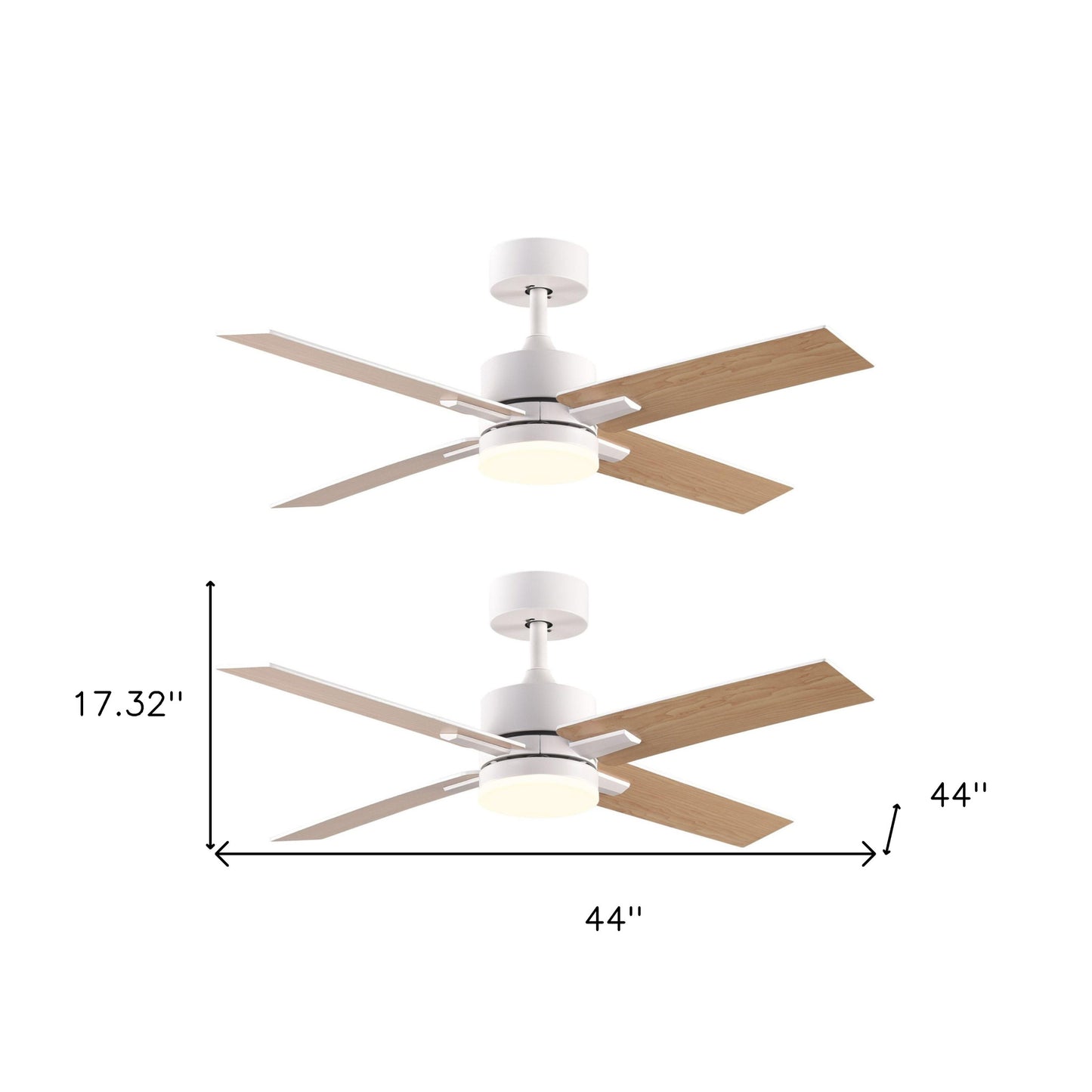 44" White And Brown and White Propeller Four Blade Dimmable Remote Control Integrated Light Ceiling Fan