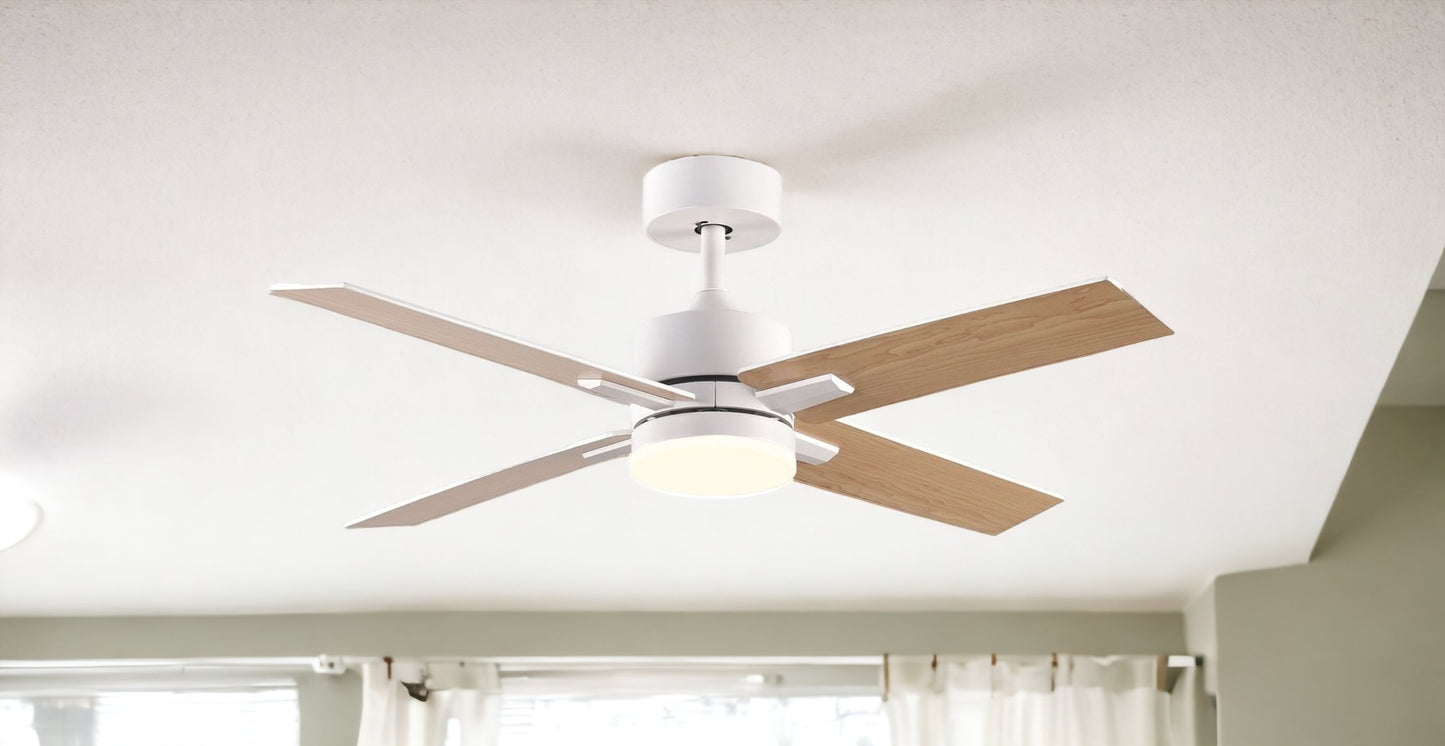 44" White And Brown and White Propeller Four Blade Dimmable Remote Control Integrated Light Ceiling Fan