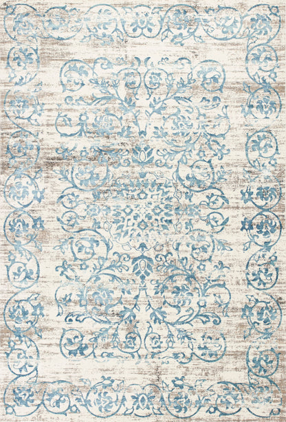 10'X13' Ivory Blue Machine Woven Distressed Floral Indoor Area Rug