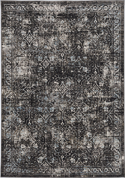 10'X13' Midnight Black Machine Woven Vintage Floral Indoor Area Rug