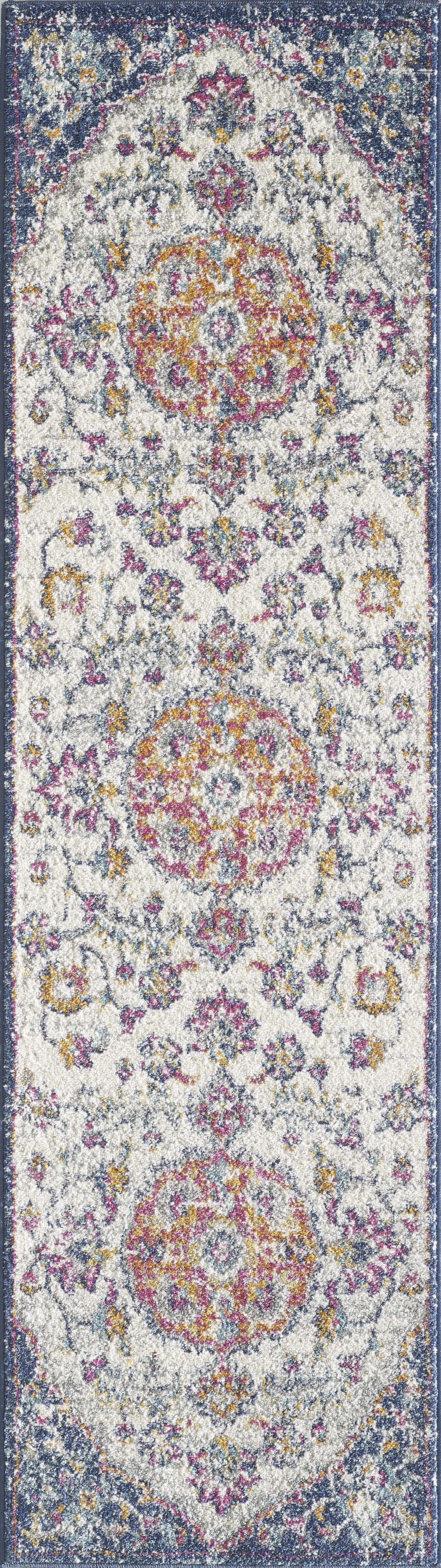 7' X 9' Ivory Or Navy Floral Distressed Indoor Area Rug