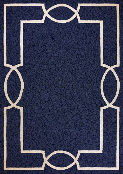 7' Ocean Blue Hand Hooked Uv Treated Bordered Round Indoor Outdoor Area Rug