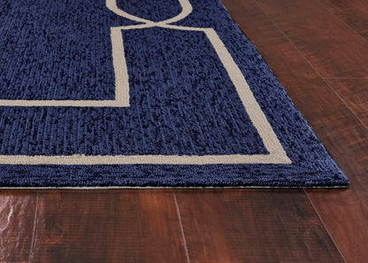 7' Ocean Blue Hand Hooked Uv Treated Bordered Round Indoor Outdoor Area Rug