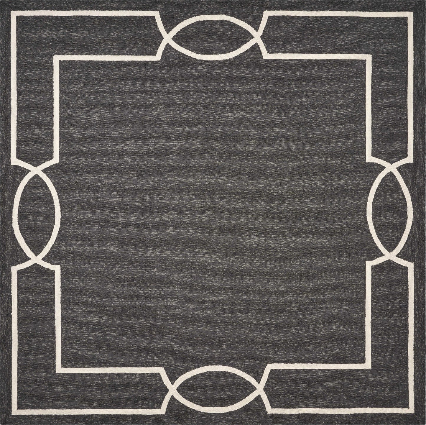 7' Onyx Black Hand Hooked Uv Treated Bordered Round Indoor Outdoor Area Rug