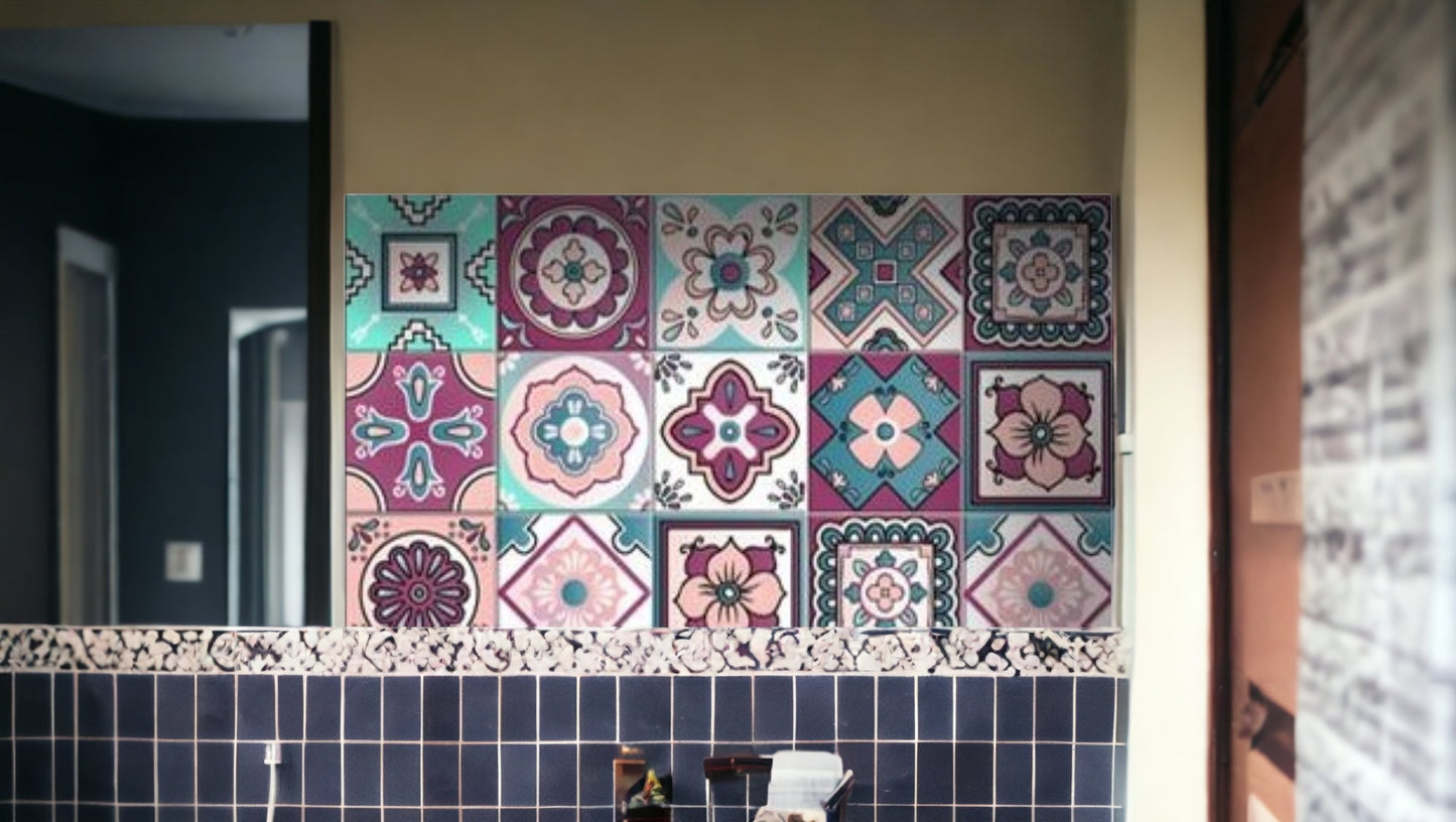 4" X 4" Vintage Turq Blush And Mauve Peel And Stick Removable Tiles