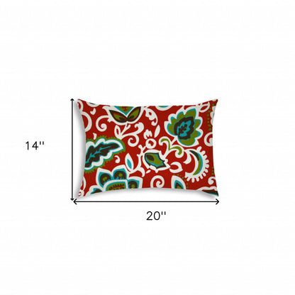 14" X 20" Read And Green Blown Seam Floral Lumbar Indoor Outdoor Pillow