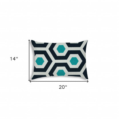 14" X 20" White And Aqua Blown Seam Geometric Lumbar Indoor Outdoor Pillow