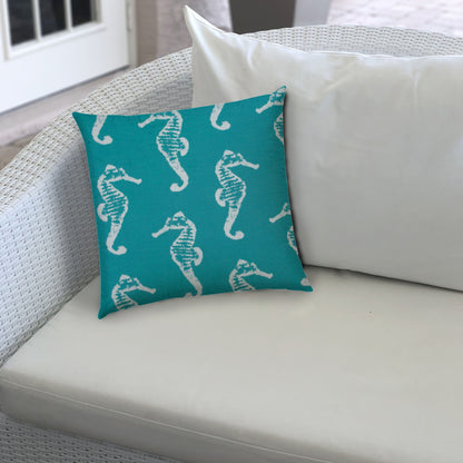 14" X 20" Turquoise And White Seahorse Blown Seam Lumbar Indoor Outdoor Pillow