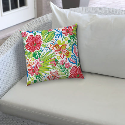 14" X 20" White And Green Blown Seam Floral Lumbar Indoor Outdoor Pillow