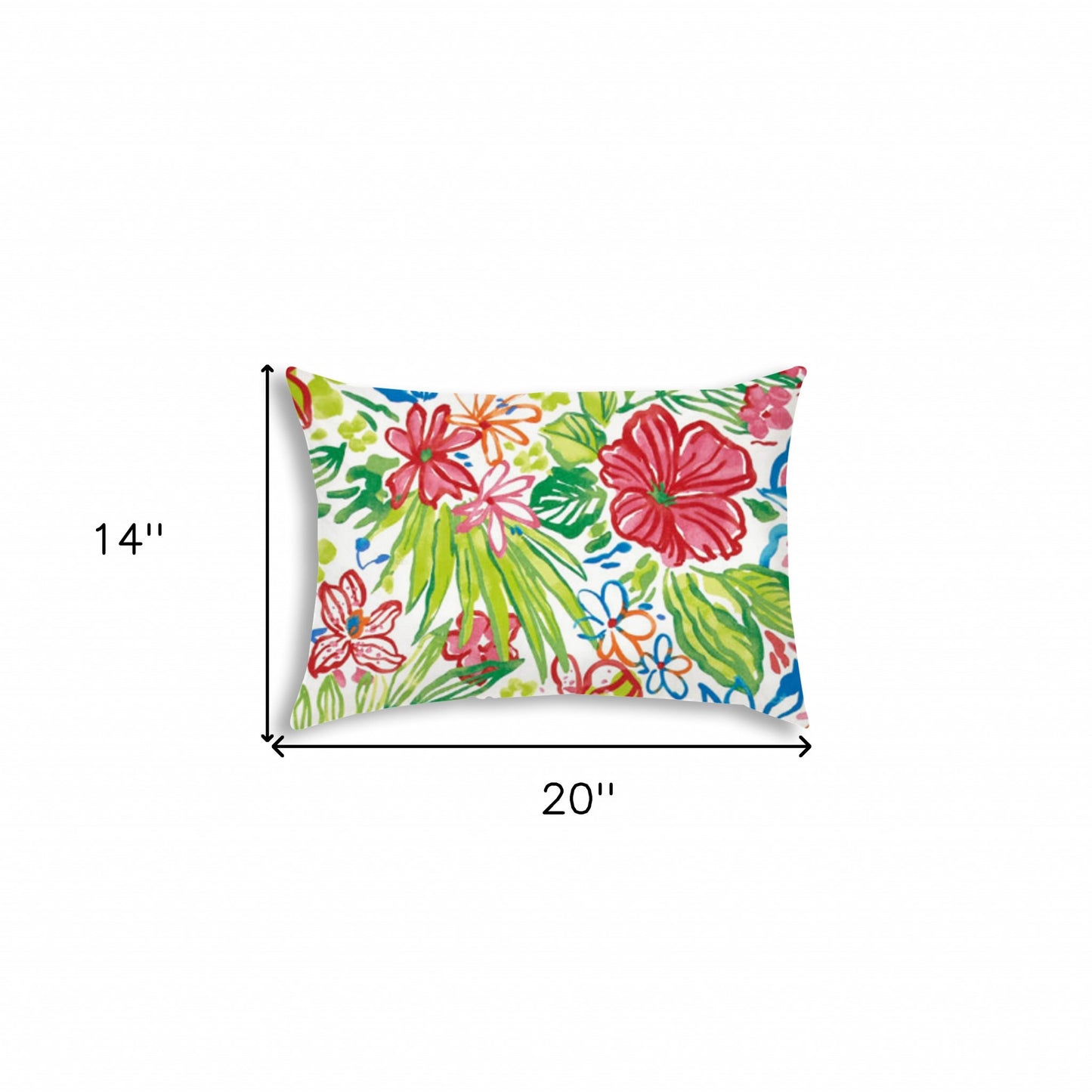 14" X 20" White And Green Blown Seam Floral Lumbar Indoor Outdoor Pillow