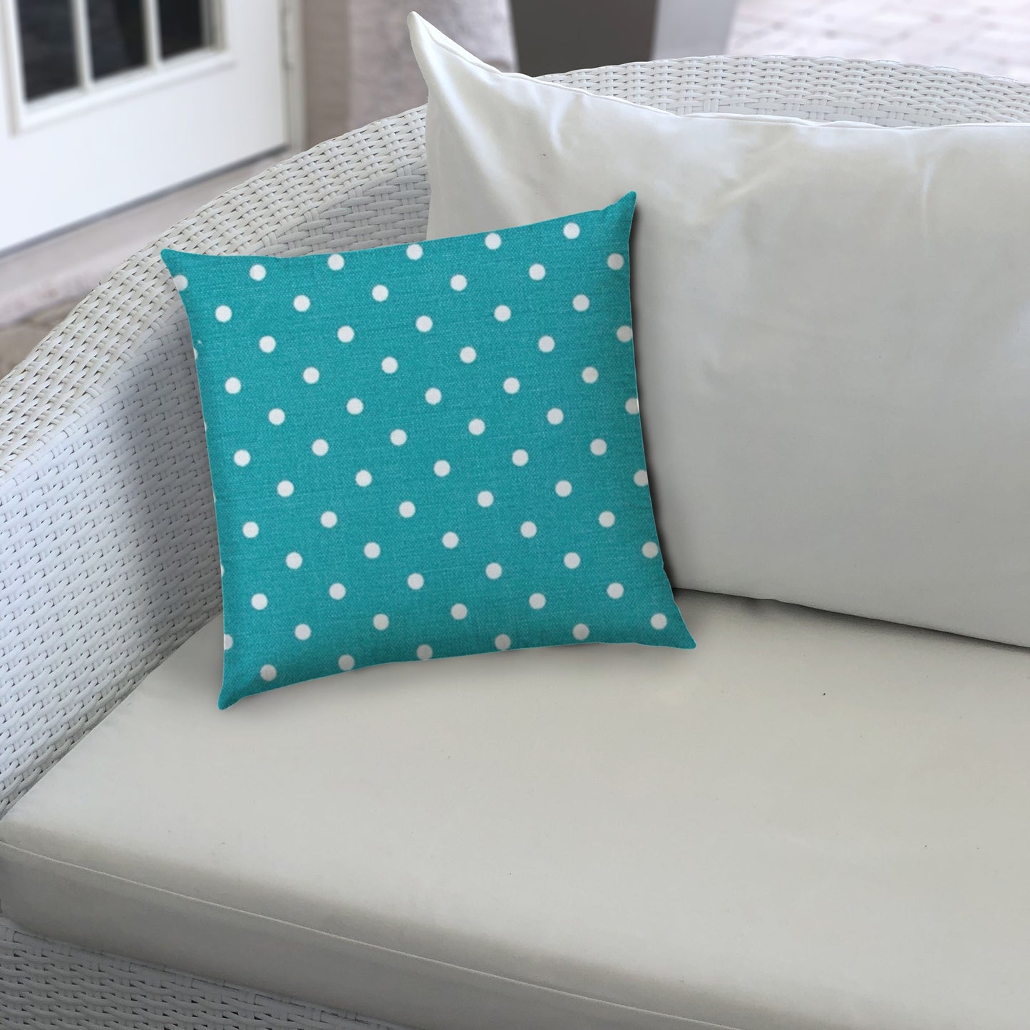 14" X 20" Turquoise Blown Seam Polka Dots Lumbar Indoor Outdoor Pillow