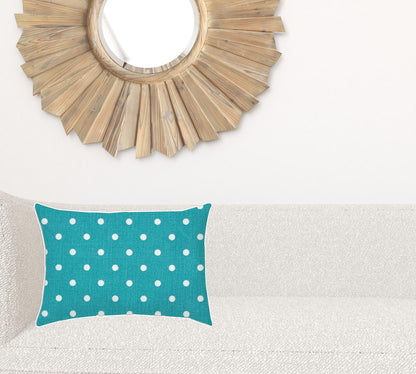 14" X 20" Turquoise Blown Seam Polka Dots Lumbar Indoor Outdoor Pillow