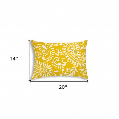 14" X 20" Cream And White Blown Seam Paisley Lumbar Indoor Outdoor Pillow