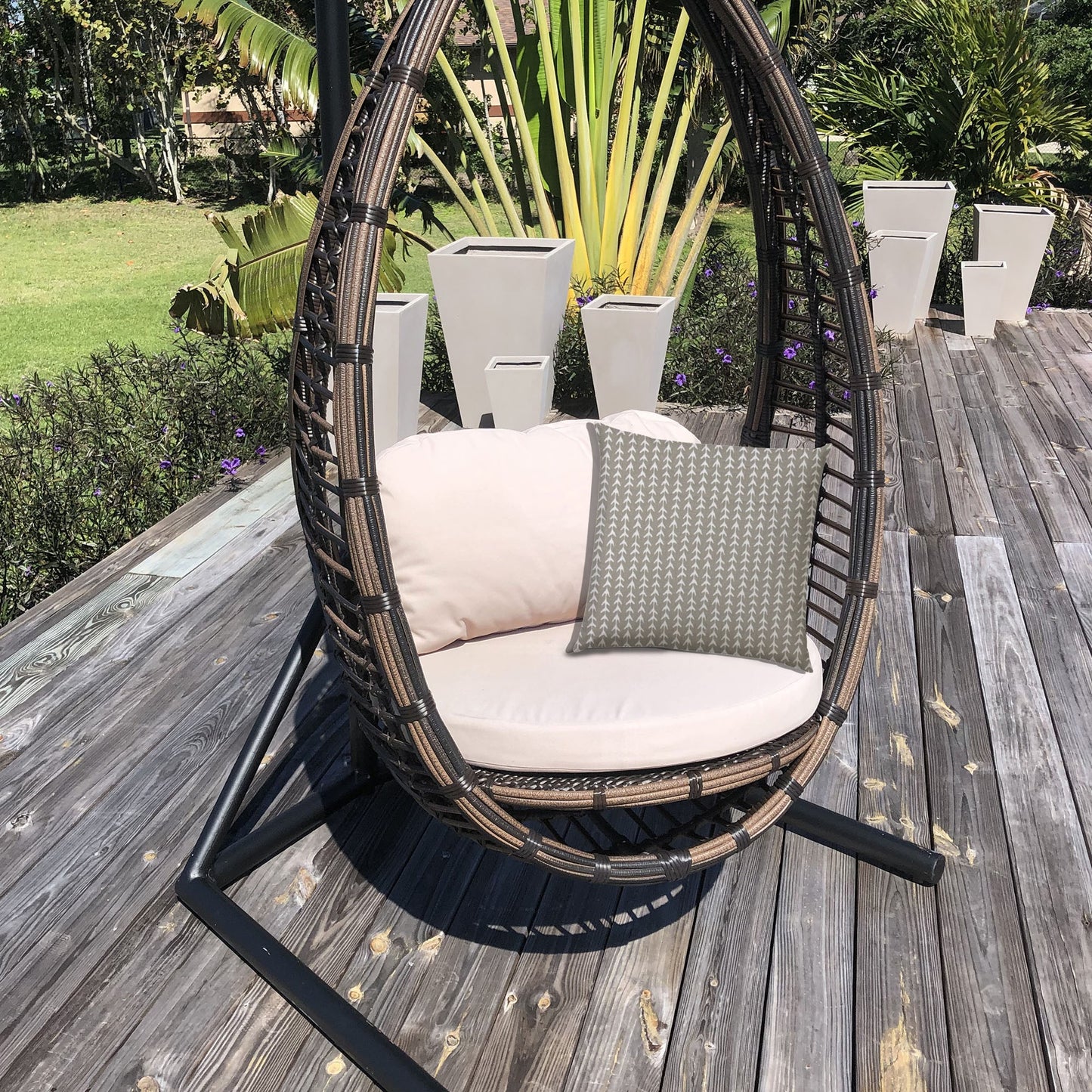 14" X 20" Taupe And White Blown Seam Geometric Lumbar Indoor Outdoor Pillow