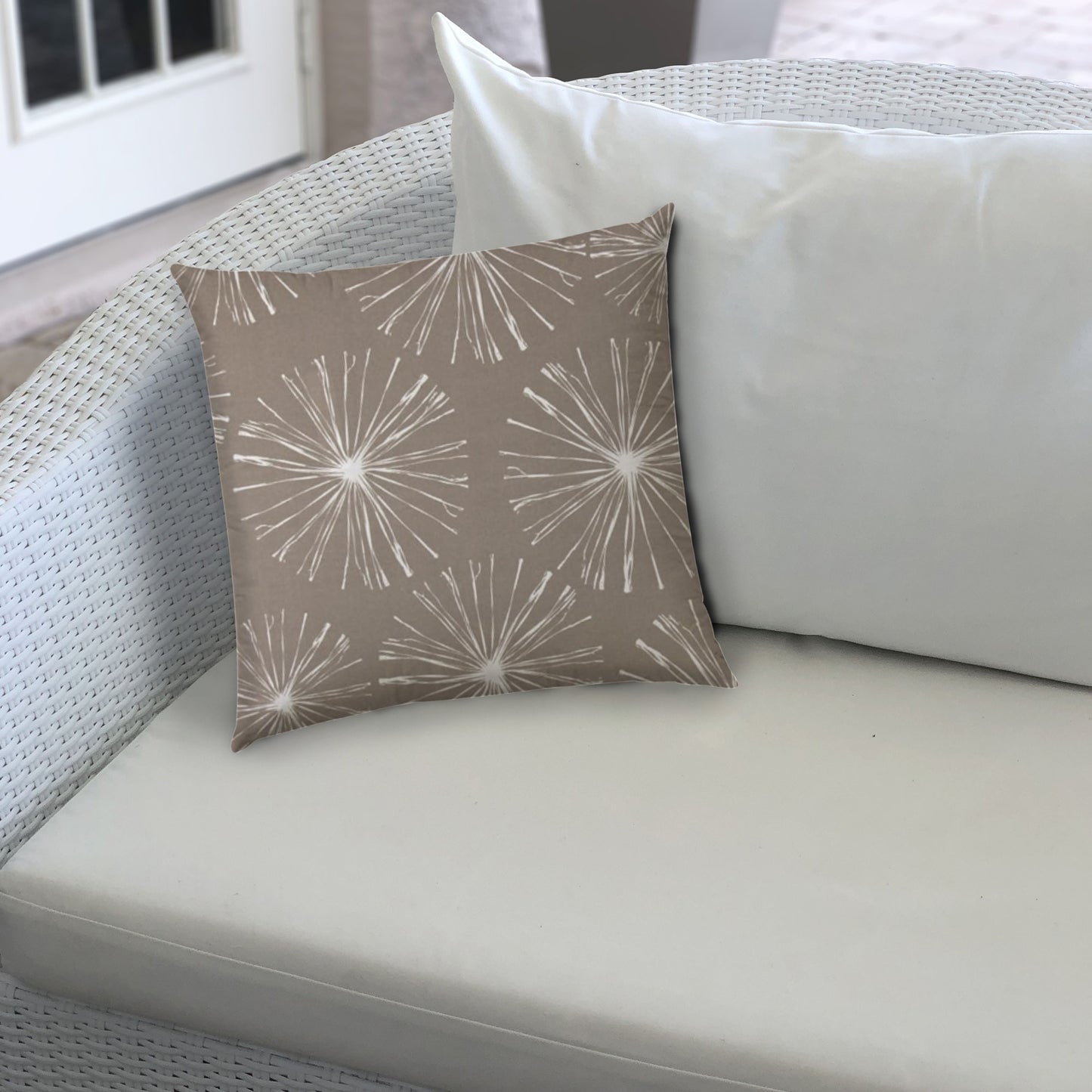 14" X 20" Taupe And White Blown Seam Floral Lumbar Indoor Outdoor Pillow