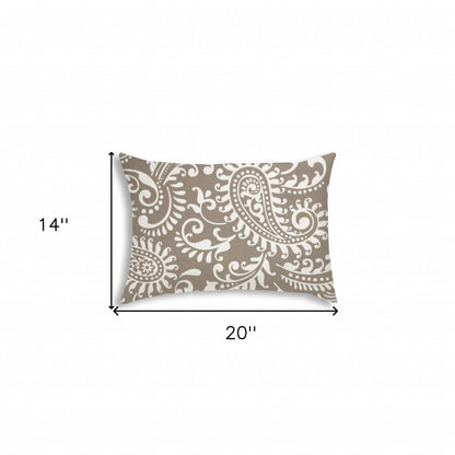 14" X 20" Taupe And White Blown Seam Paisley Lumbar Indoor Outdoor Pillow