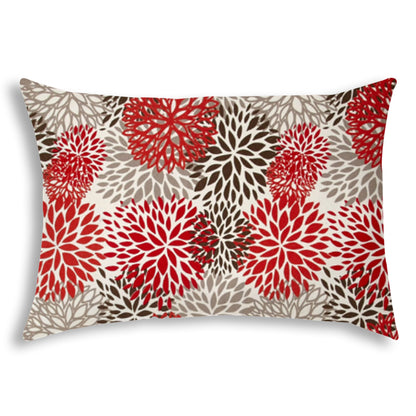 14" X 20" Red And White Blown Seam Floral Lumbar Indoor Outdoor Pillow