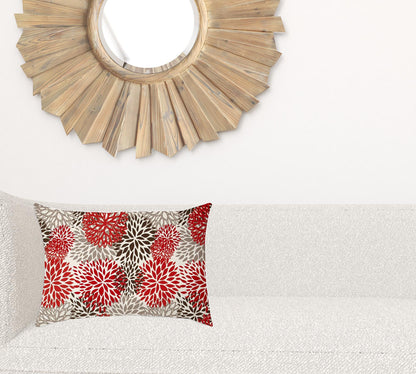 14" X 20" Red And White Blown Seam Floral Lumbar Indoor Outdoor Pillow