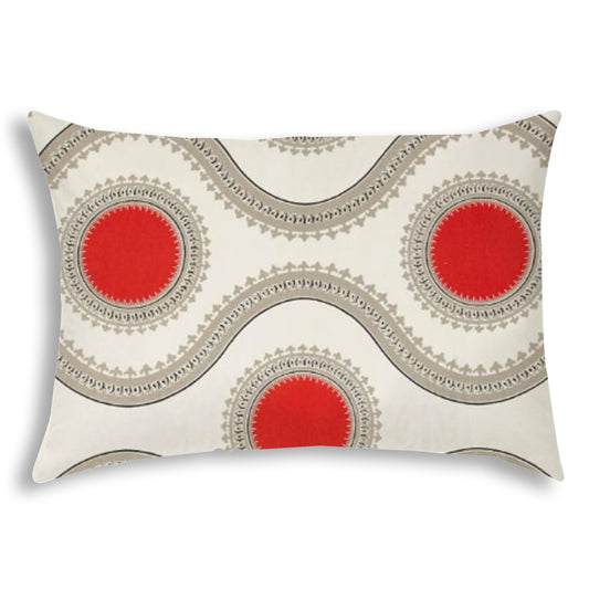 14" X 20" Coral And White Blown Seam Ogee Lumbar Indoor Outdoor Pillow