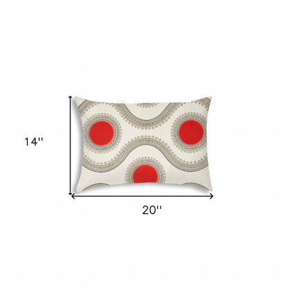 14" X 20" Coral And White Blown Seam Ogee Lumbar Indoor Outdoor Pillow