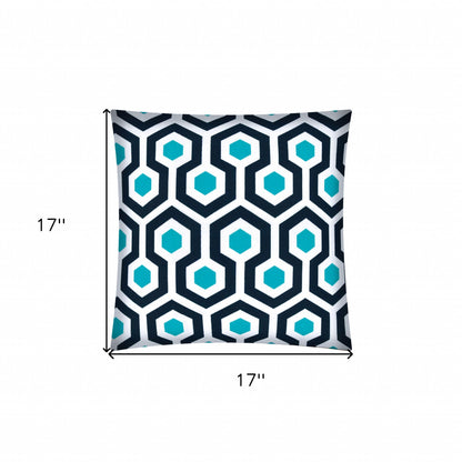 17" X 17" White And Aqua Blown Seam Geometric Lumbar Indoor Outdoor Pillow