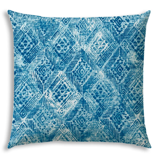 17" X 17" Blue And White Blown Seam Ikat Lumbar Indoor Outdoor Pillow