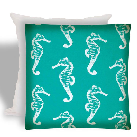 17" X 17" Turquoise And White Seahorse Zippered Coastal Throw Indoor Outdoor Pillow