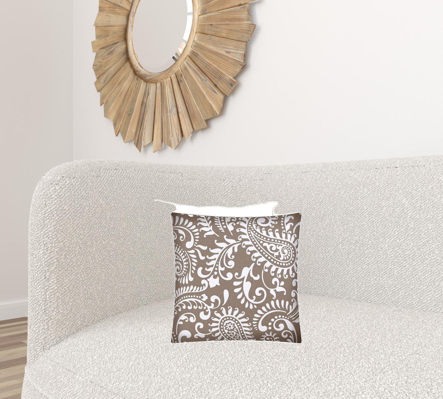 17" X 17" Taupe And White Zippered Paisley Throw Indoor Outdoor Pillow