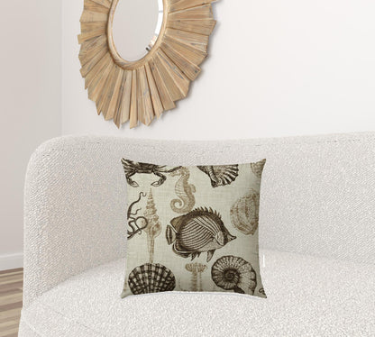 20" X 20" Brown And Natural Brown Fish Blown Seam Coastal Throw Indoor Outdoor Pillow