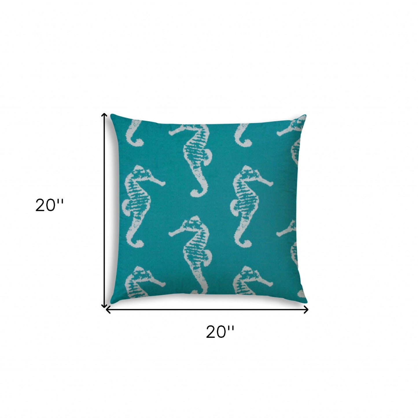 20" X 20" Turquoise And White Seahorse Blown Seam Coastal Throw Indoor Outdoor Pillow