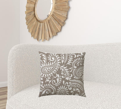 20" X 20" Taupe And White Blown Seam Paisley Throw Indoor Outdoor Pillow