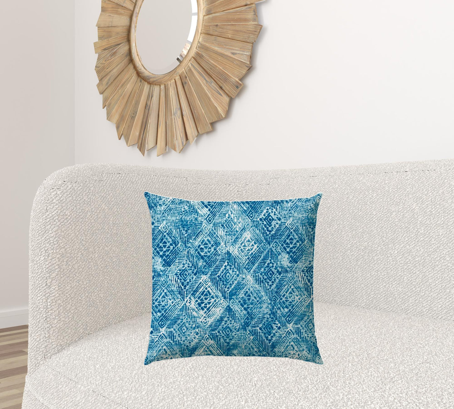 20" X 20" Blue And White Blown Seam Ikat Throw Indoor Outdoor Pillow