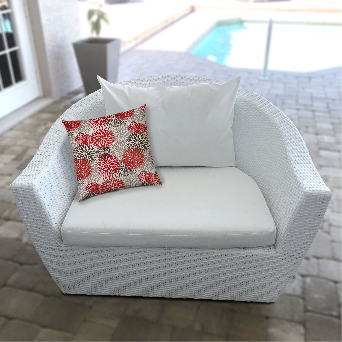 20" X 20" Red And White Blown Seam Floral Throw Indoor Outdoor Pillow