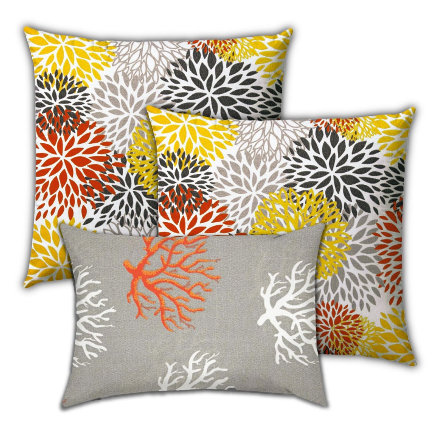 Set Of Three 18" X 18" Gray And White Blown Seam Floral Throw Indoor Outdoor Pillow