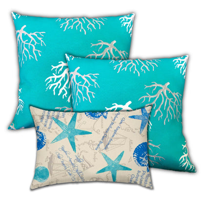 Set Of Three 18" X 18" Ocean Blue And White Corals Blown Seam Coastal Throw Indoor Outdoor Pillow
