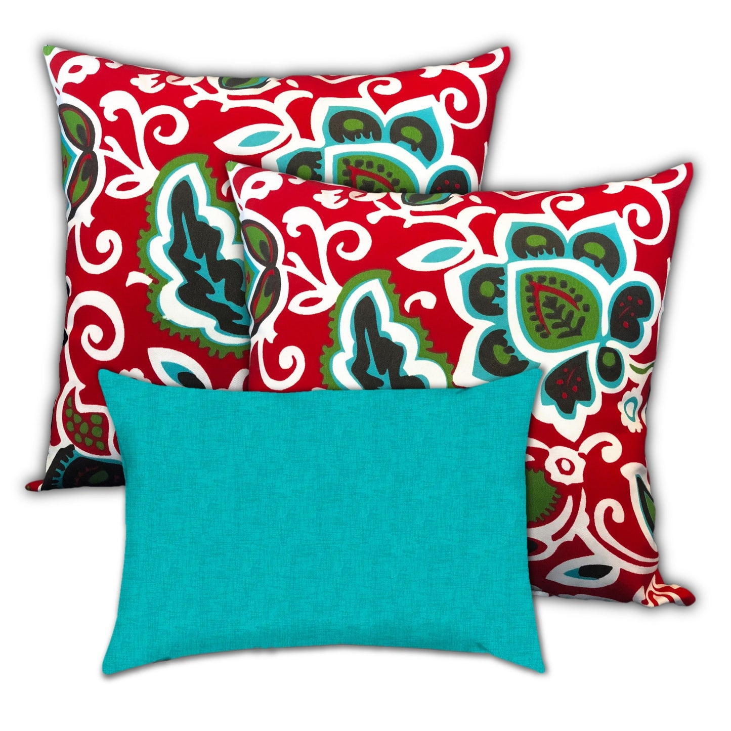 Set Of Three 18" X 18" Turquoise And Green Blown Seam Floral Throw Indoor Outdoor Pillow