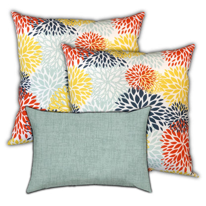 Set Of Three 18" X 18" Seafoam And White Blown Seam Floral Throw Indoor Outdoor Pillow