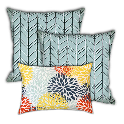 Set Of Three 18" X 18" Seafoam And White Blown Seam Floral Throw Indoor Outdoor Pillow