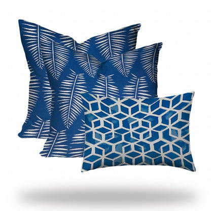 Set Of Three 20" X 20" Blue And White Enveloped Geometric Throw Indoor Outdoor Pillow