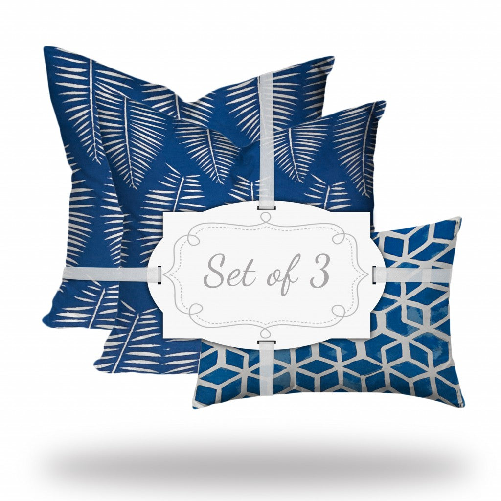 Set Of Three 20" X 20" Blue And White Enveloped Geometric Throw Indoor Outdoor Pillow