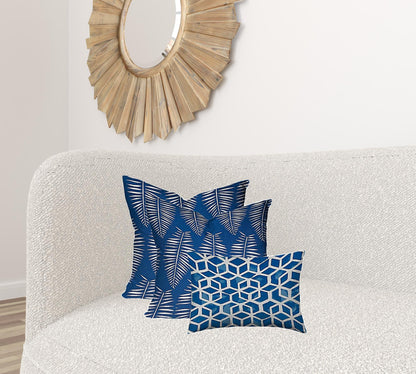 Set Of Three 20" X 20" Blue And White Enveloped Geometric Throw Indoor Outdoor Pillow