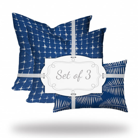 Set Of Three 20" X 20" Blue And White Zippered Gingham Throw Indoor Outdoor Pillow Cover